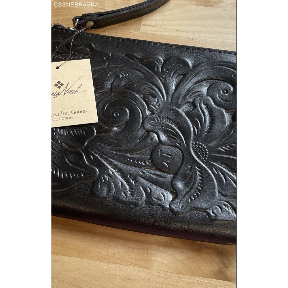 Patricia Nash Black Tooled Leather Cassini Wristlet Pouch Floral Embossed NWT - Picture 3 of 8